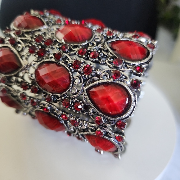 Silver Red Extra Wide Open Cuff Stretch Bracelet - Picture 4 of 7